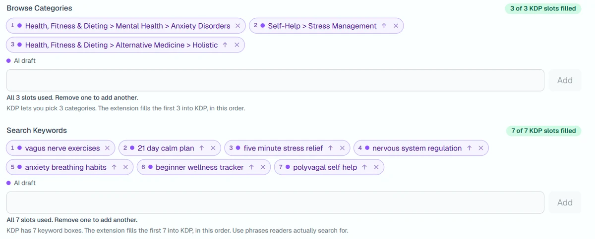 AIWriteBook: 3 категорії і 7 ключових слів для KDP, підібрані програмою