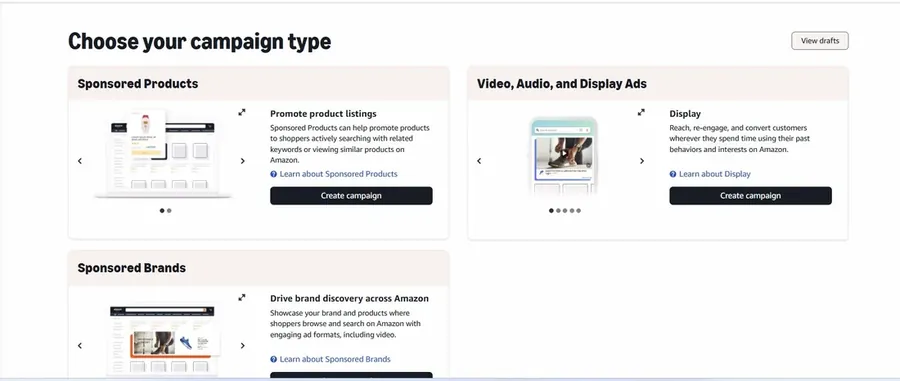 Екран вибору типу кампанії в Amazon Ads: Sponsored Products, Sponsored Brands і картка Video, Audio, and Display Ads з кнопкою Display