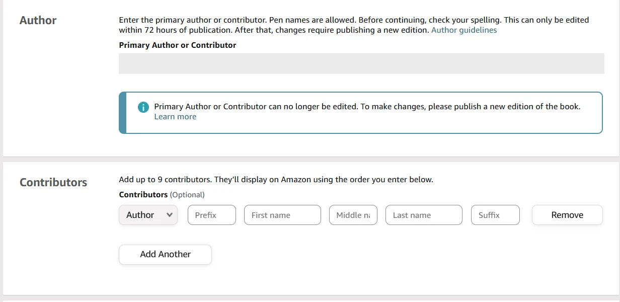 Екран налаштувань Amazon KDP: ім'я автора можна редагувати лише протягом 72 годин після публікації