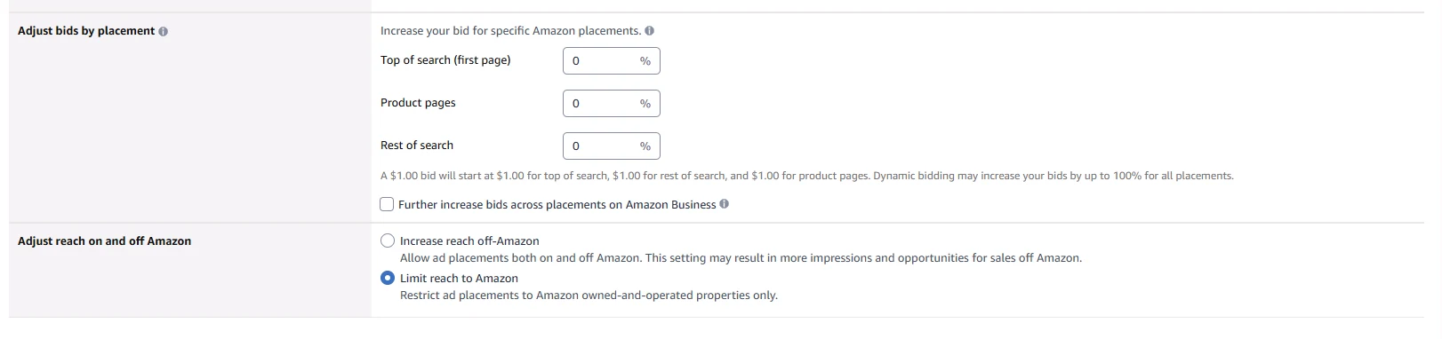 Налаштування кампанії Sponsored Products: блок Adjust reach on and off Amazon з обраним варіантом Limit reach to Amazon