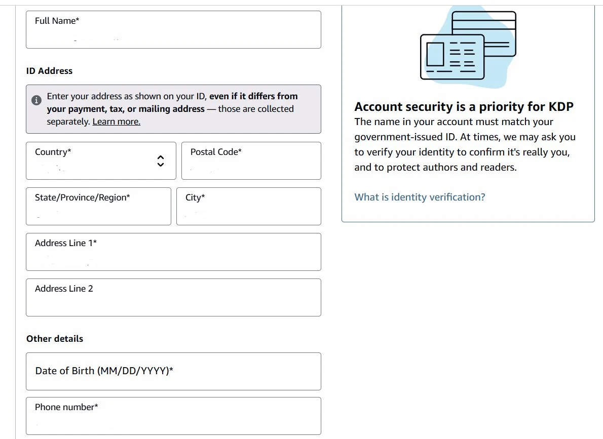 Форма Account Details у кабінеті KDP: повне ім'я, адреса з паспорта, дата народження, телефон
