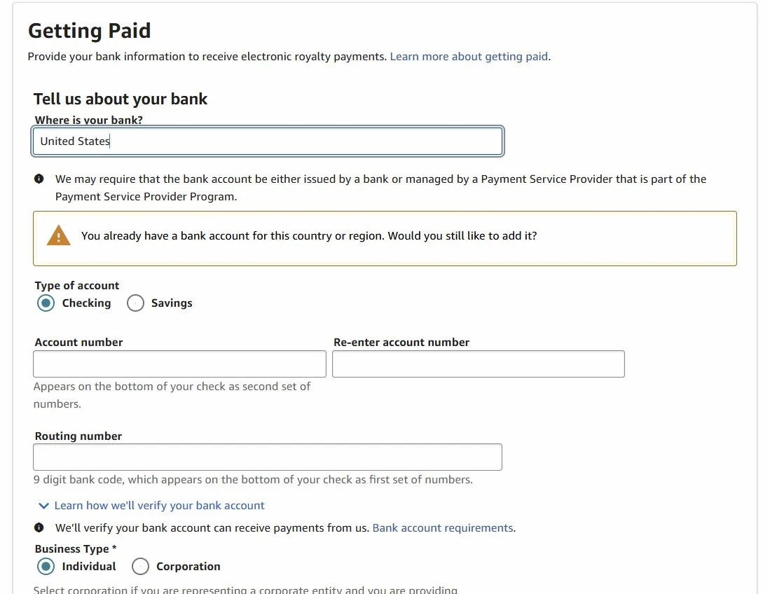 Розділ Getting Paid у кабінеті KDP: країна банку, тип рахунку, account number і routing number