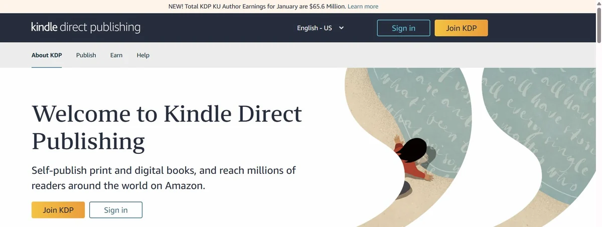 Головна сторінка Kindle Direct Publishing із кнопками Sign in і Join KDP