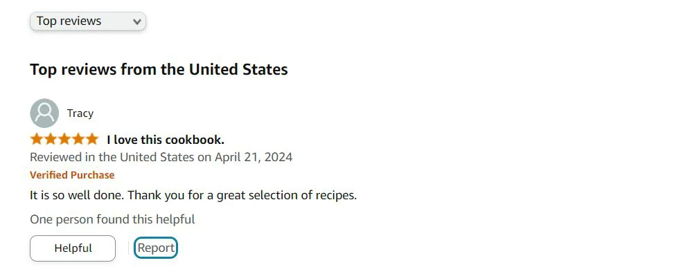 Відгук на сторінці книги Amazon: п'ять зірок, позначка Verified Purchase і кнопки Helpful та Report під текстом