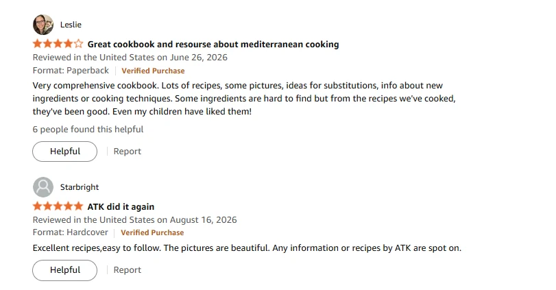 Два відгуки на книжку на Amazon: перший на чотири зірки з докладним текстом, другий на п’ять зірок з одного рядка; під обома стоїть позначка Verified Purchase