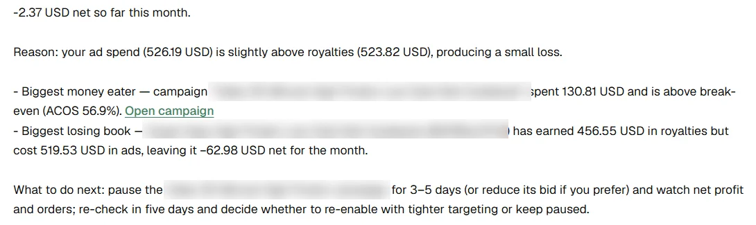 AuthorLens AI assistant: net −$12.27 for September, the biggest cost is a video campaign, and what to do