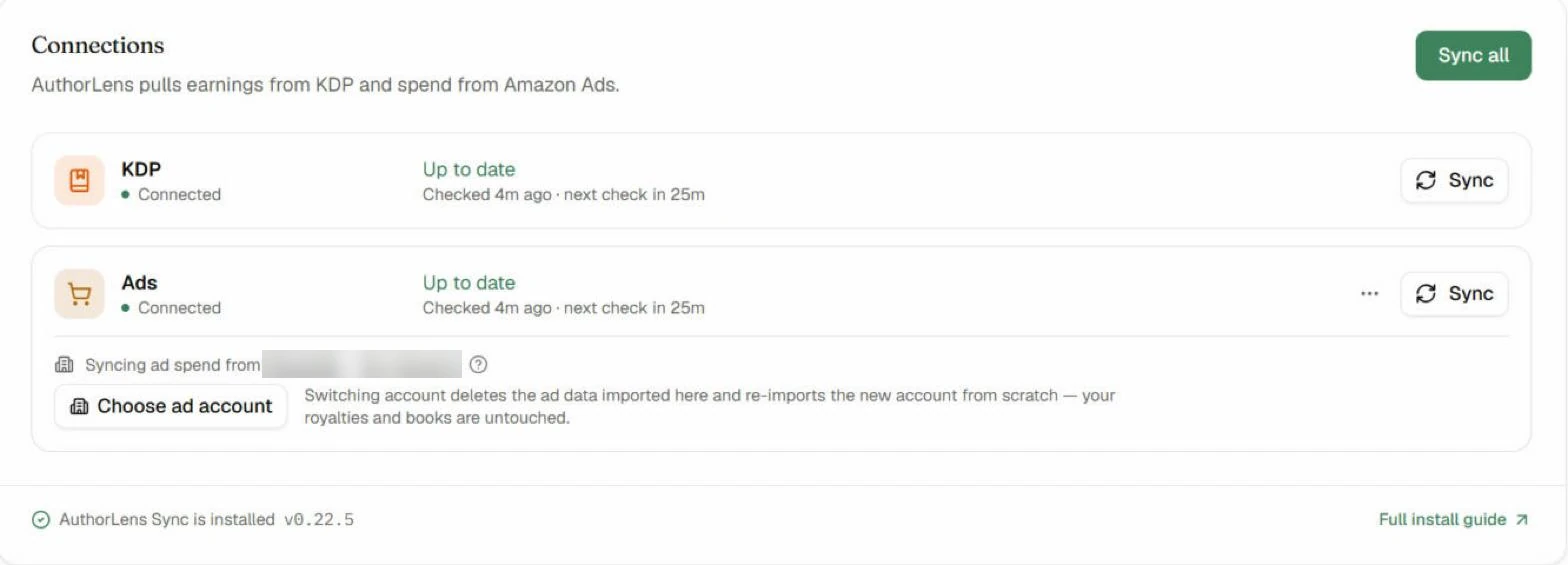 Підключення в налаштуваннях AuthorLens: KDP і Amazon Ads, перевірка кожні 30 хвилин, розширення AuthorLens Sync