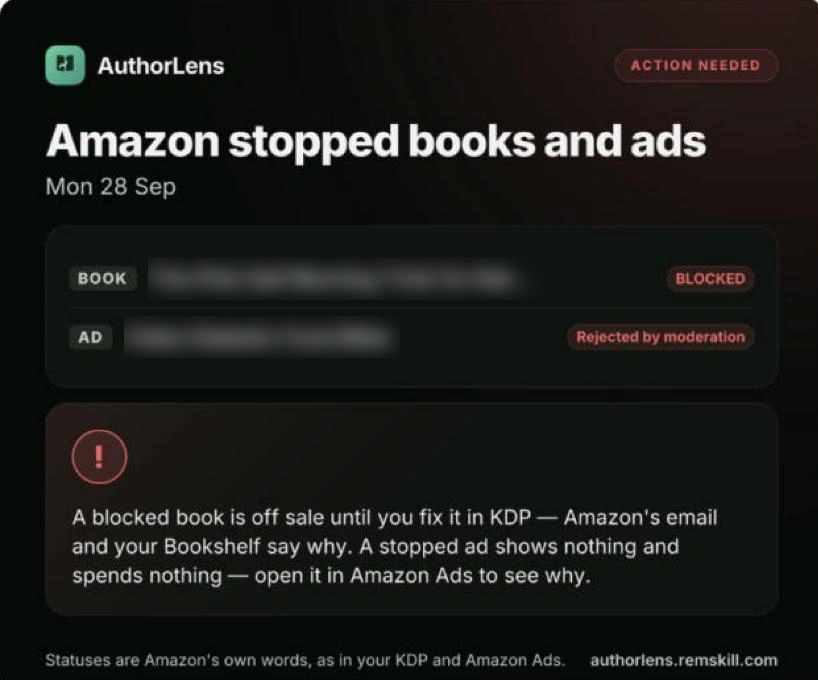 Повідомлення AuthorLens у Telegram: Amazon заблокував книгу і зупинив відеооголошення, яке відхилила модерація