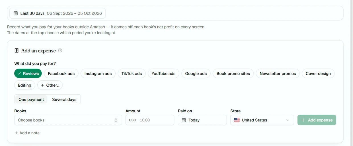 Екран Expenses в AuthorLens: обкладинка, редактура, відгуки, сайти з промо і реклама поза Amazon