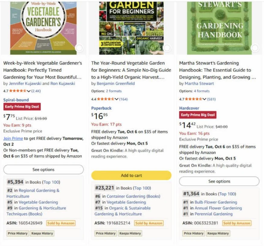Видача Amazon за запитом gardening for beginners з розширенням DS Amazon Quick View: під кожною книгою місце в рейтингу Books, три підкатегорії та ASIN