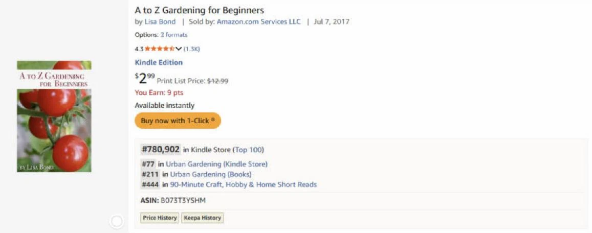Електронна книга в пошуку Amazon з DS Amazon Quick View: місце 780 902 у Kindle Store, три підкатегорії та ASIN