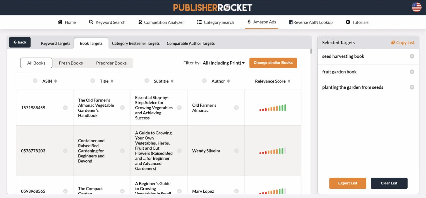 Book Targets у Publisher Rocket: ASIN, назви, підзаголовки та автори схожих книг з оцінкою релевантності