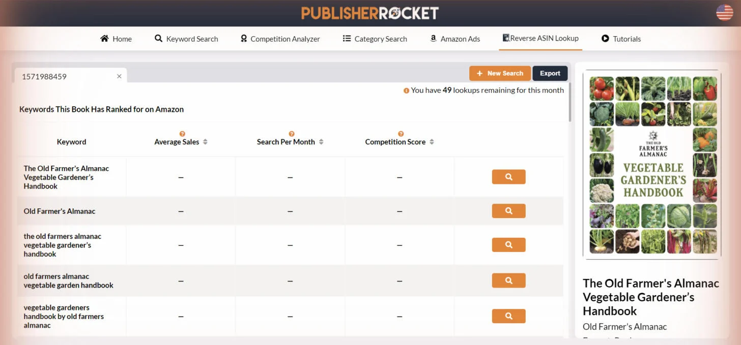 Reverse ASIN Lookup у Publisher Rocket: запити, за якими знаходиться книга, і лічильник 49 перевірок на місяць