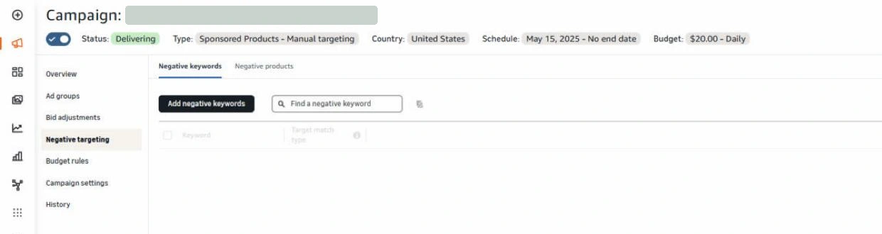 Кабінет Amazon Ads, кампанія: ліворуч розділ Negative targeting, вкладка Negative keywords і кнопка Add negative keywords